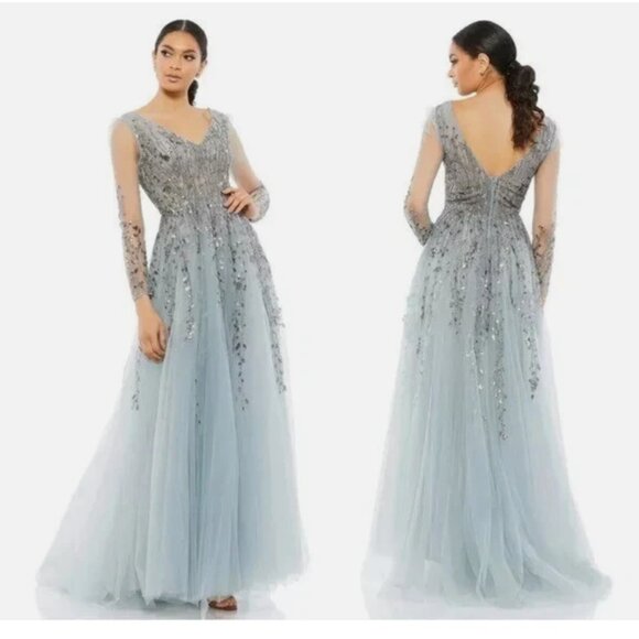 Mac Duggal 20295 Embellished V-Neck Long Sleeve A-Line Gown - Picture 1 of 13
